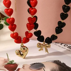 1pc Stylish Simple Heart Shaped Resin And Copper Plated 18k Gold Bow And Love Beaded Necklace, Suitable For Women Daily Wear