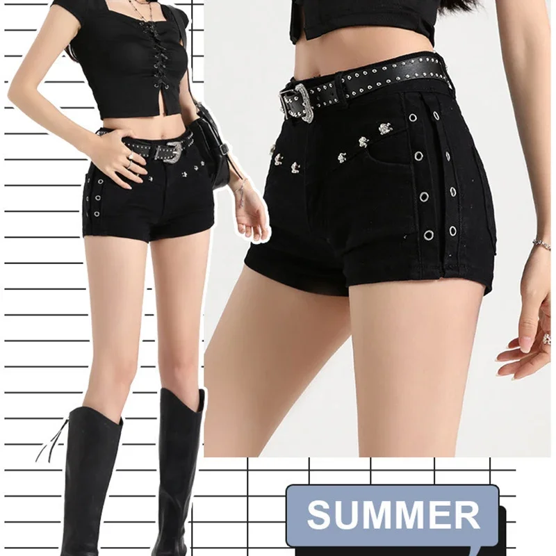 2026Black Y2K Low Waisted Denim Shorts Women Gothic Punk Rivets Slim Fit Micro Jean Shorts Woman Sexy Club Wear Pants No Belt - view 4