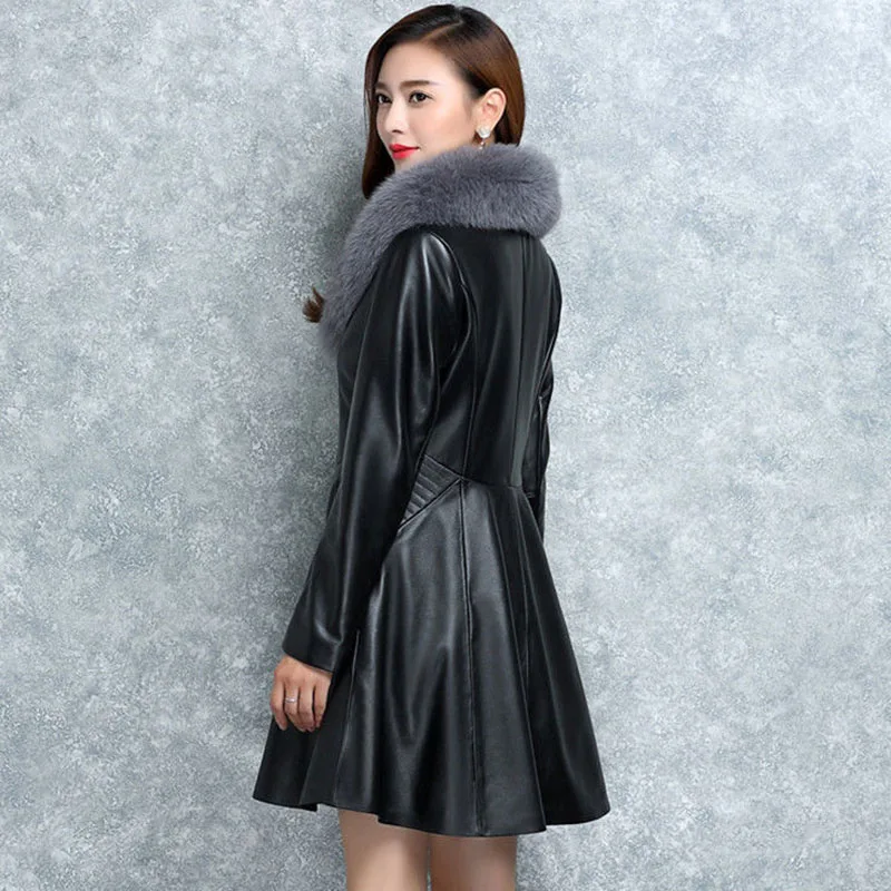 6XL 7XL Women Leather Jacket Autumn Winter Mid-length Fox Fur Collar Leather Coat Large Size Female Add Cotton Winter Overcoat