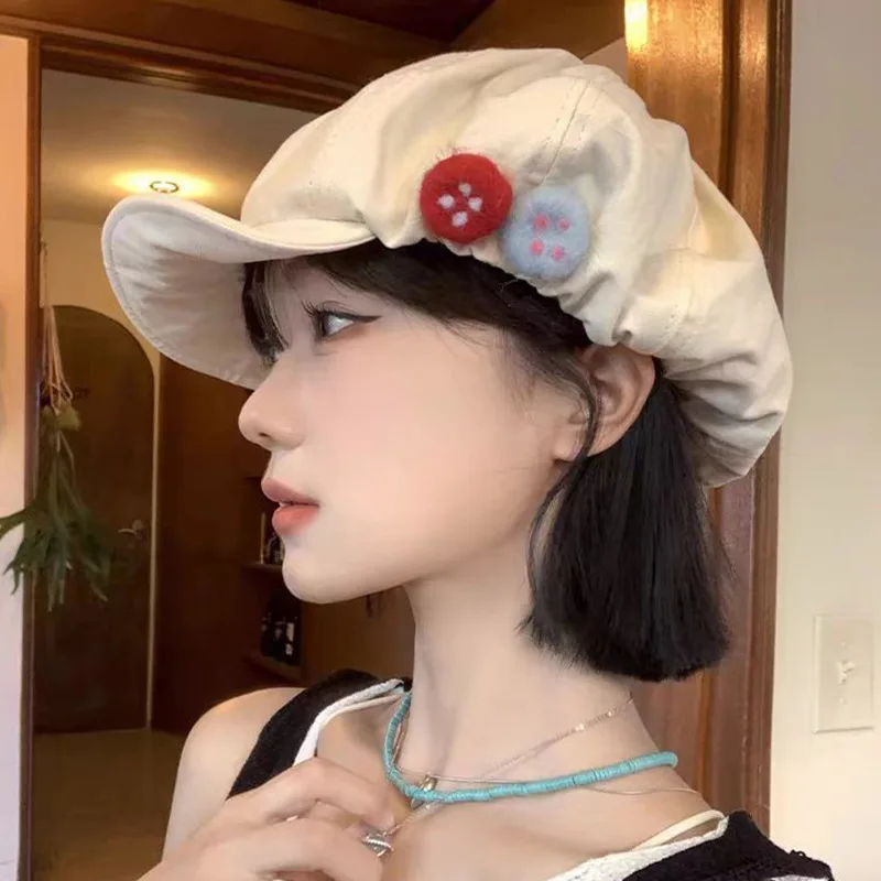 Eight-sided Hat for Women, Summer Felt Button, Painter's Hat, Asymmetrical Cloud Beret, Fresh Japanese and Korean Fresh