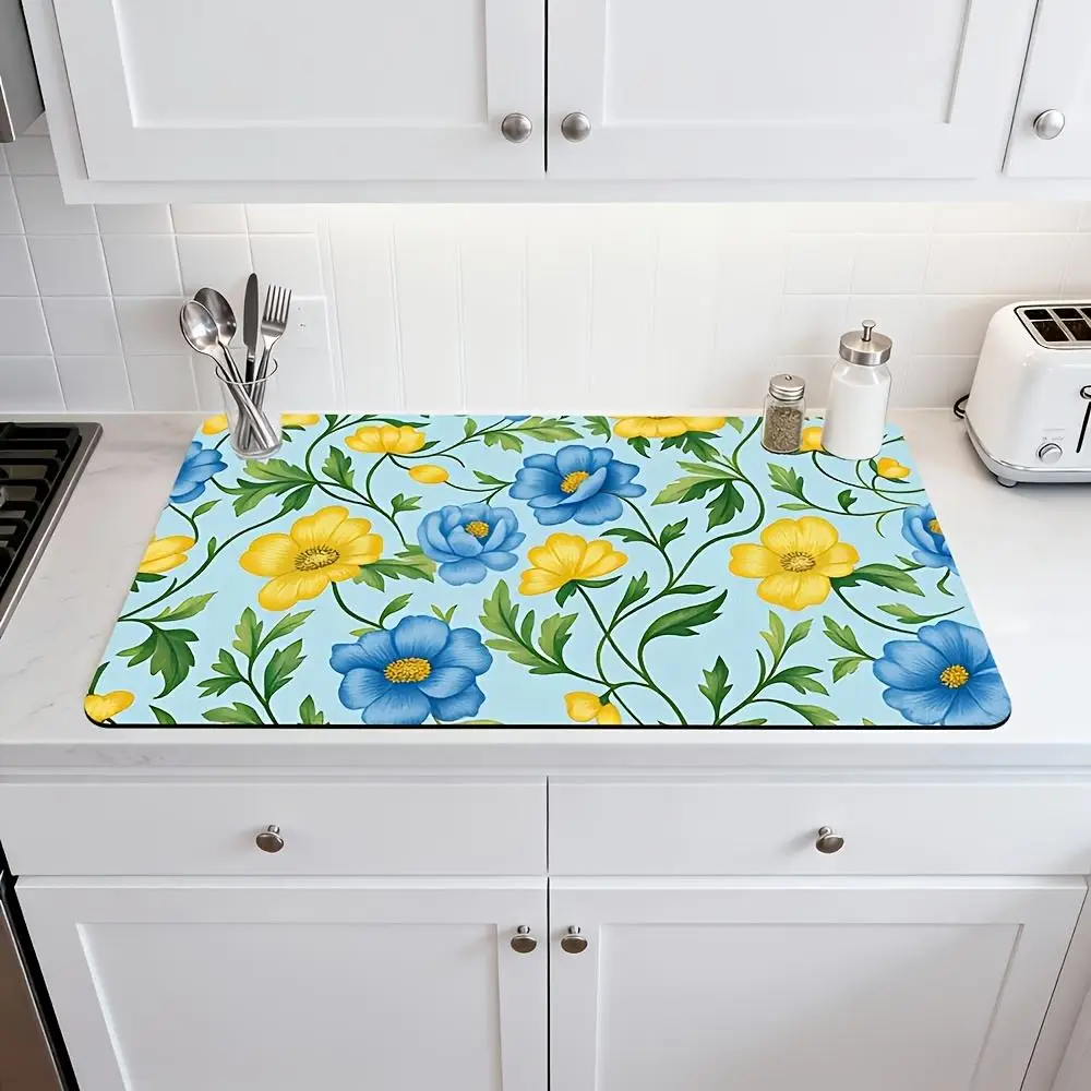 Kitchen Drainage Mat Watercolour Floral Flower Printed Pad Super Absorbent Coffee Maker Cushion Washable Table Placemat