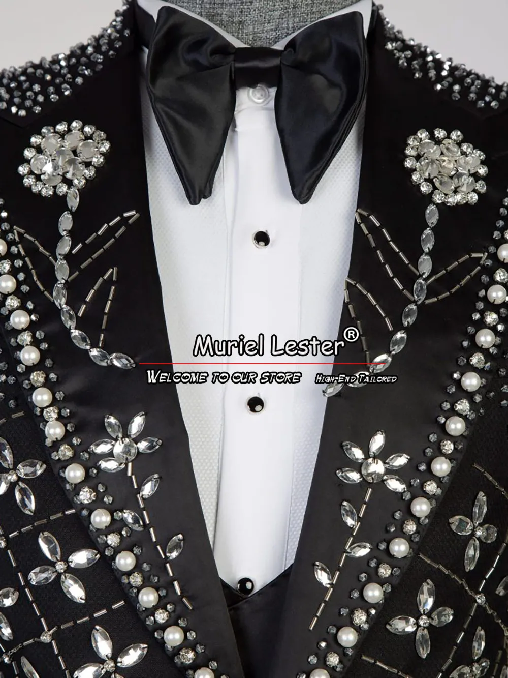 Black Suits Men For Wedding Handmade Sliver Beading Jacket Vest Pants 3 Pieces Bridegroom Tuxedos Plus Size Boyfriend Party Prom