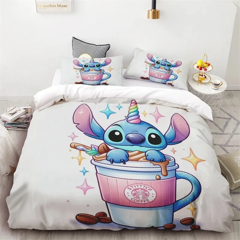 Stitch Anime ชุดเครื่องนอนผ้านวมปลอกหมอนสําหรับเด็กและผู้ใหญ่ 2/3 ชิ้นชุดพิมพ์การ์ตูนดิสนีย์