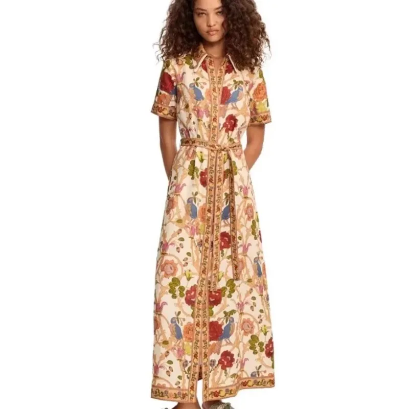 2026 Autumn New Ladies Linen Printed Short Sleeve Long Maxi Dress, Breathable Versatile Outfit for Daily Commute Beach Vacation