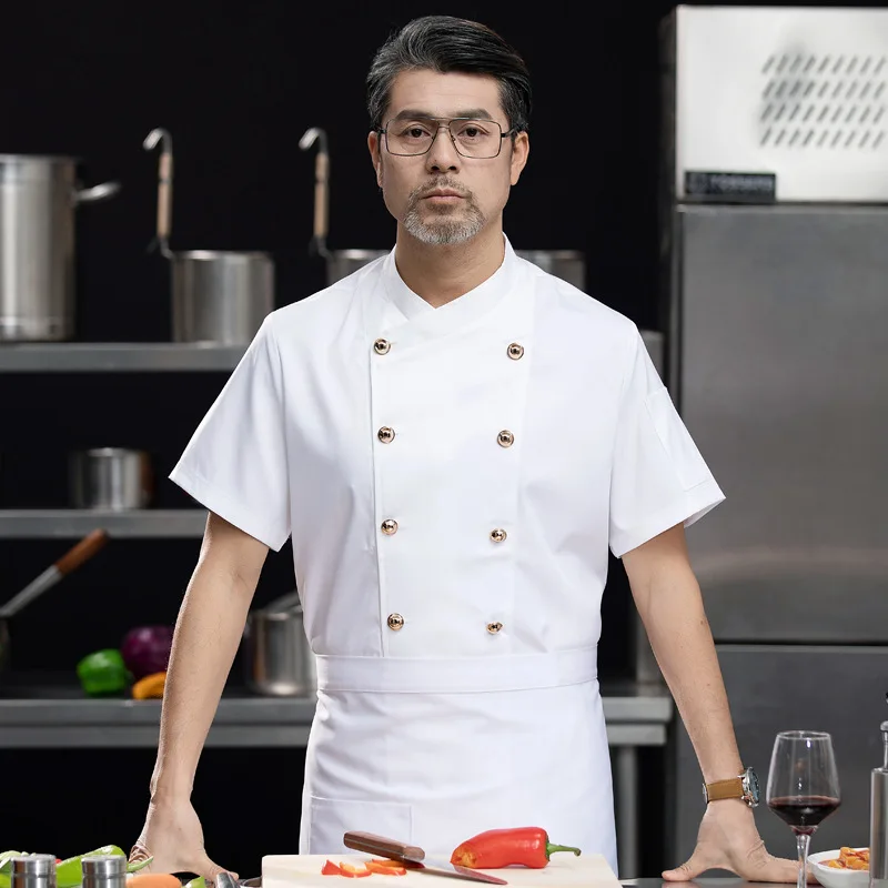 คุณภาพสูง Double Breasted Men 'S Kitchen แจ็คเก็ตโรงแรม Professional Cook Uniform ร้านอาหาร Chef เครื่องแต่งกาย Cafe Waiter Overalls