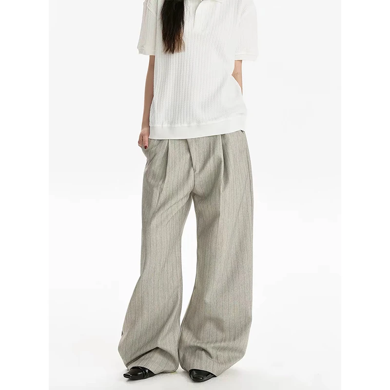 Autumn Winter  Women's Retro Gradient Casual Striped Baggy Pantalones High Street Pleated Straight Wide Leg Trousers Punk Y2K Sw