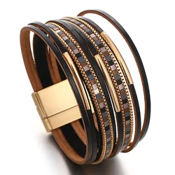 ALLYES Trendy Colorful Square Leather Bracelet for Women Men Boho Metal Tube Multilayer Wrap Wide Bracelets Charm Party Jewelry