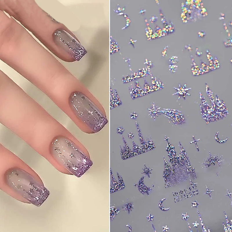 

Embossed Nail Stickers Colorful Starry Sky Moon Castle Nail Decoration Decals Diy Self Adhesive Transfer Slider