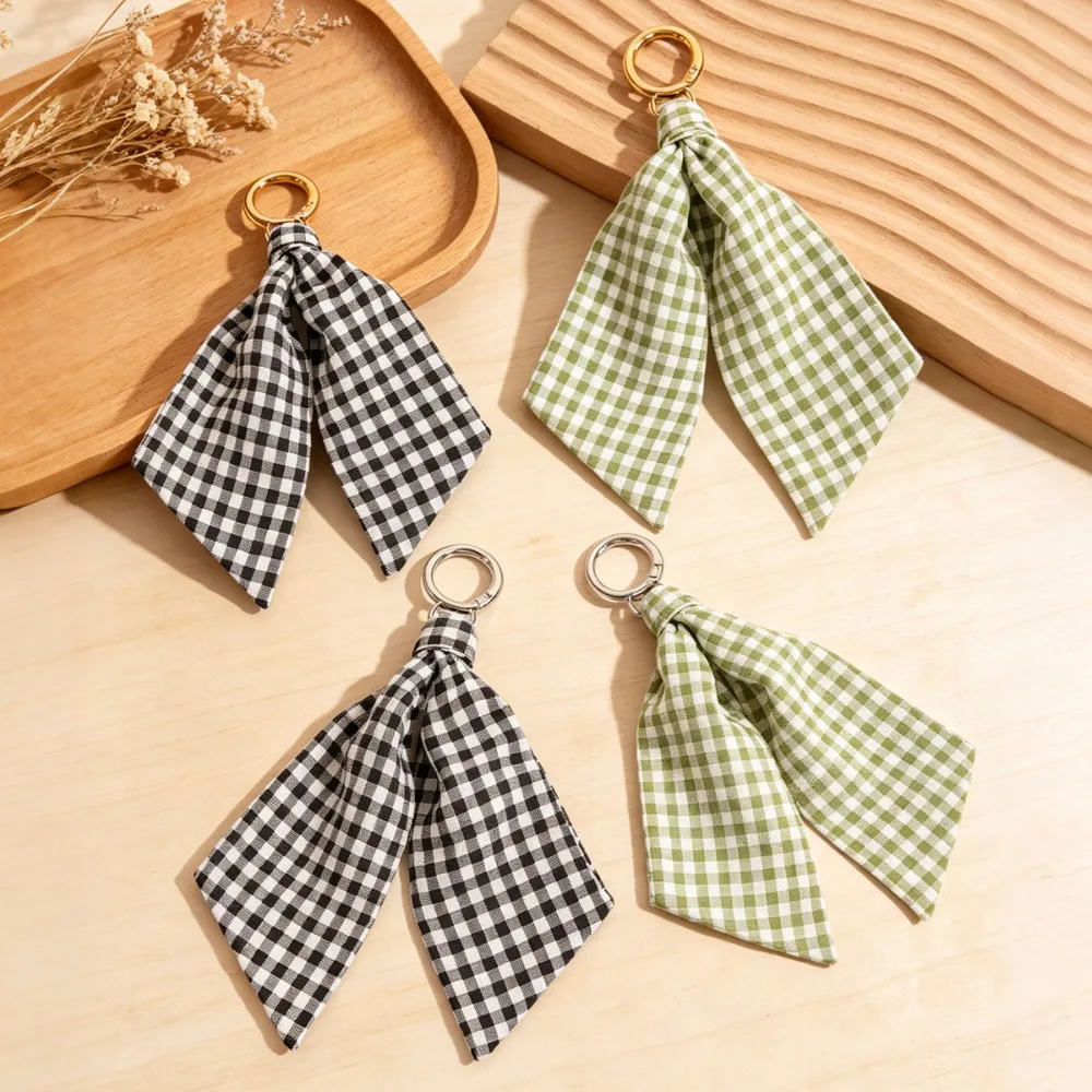 Gingham Plaid Ribbon Keyring Checkered Fabric Scarf Bag Charm Cute Handbag Backpack Decor Accessory Fashion Car Key Pendant Gift