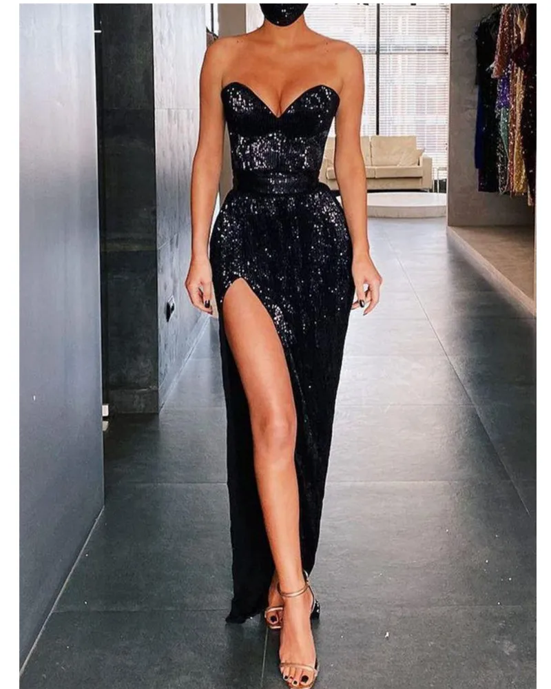 

2024 New Fashion Elegant Strapless Sexy Black Prom Dresses Party Maxi Sequin Evening Dress Wedding Bridesmaid Guest Service
