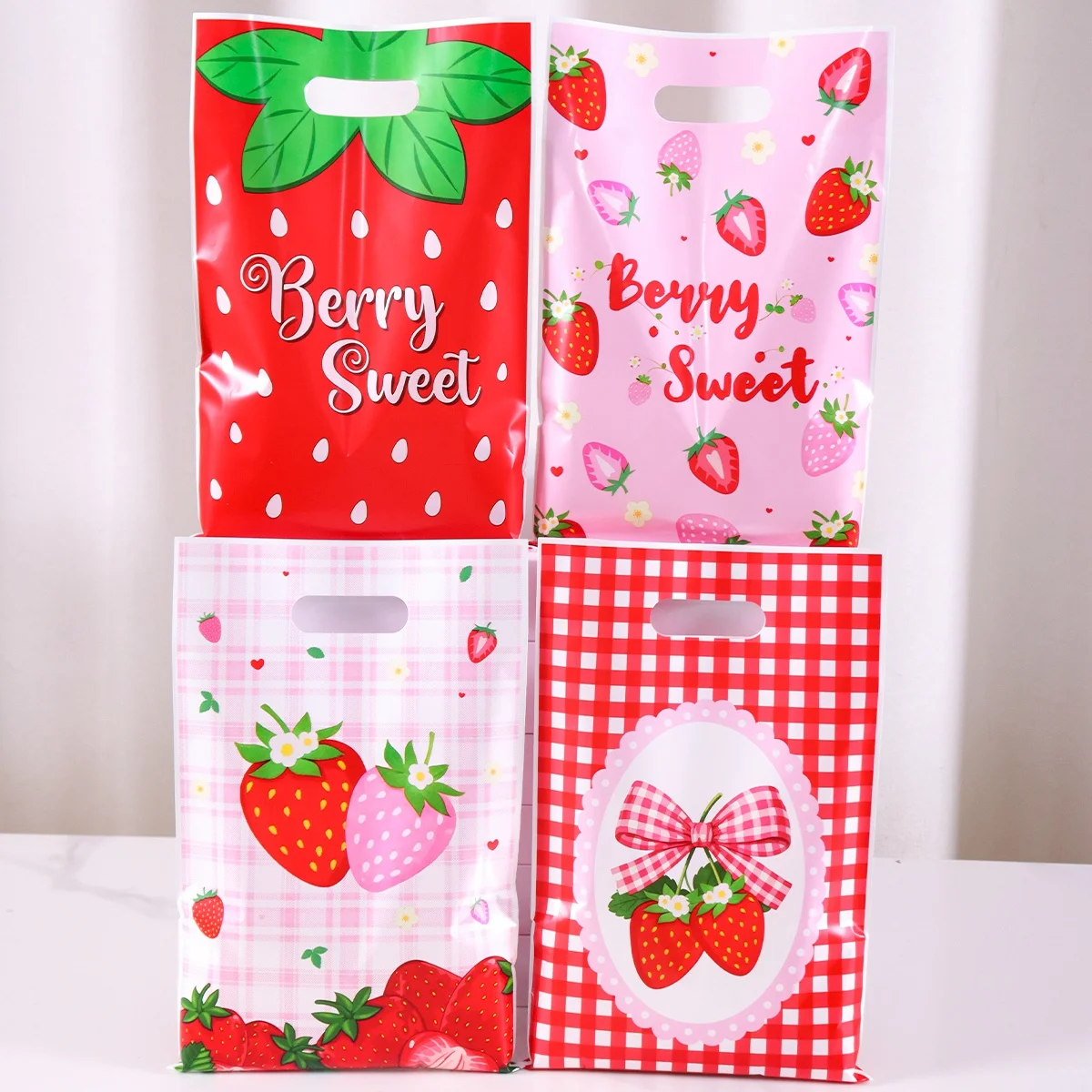10/20/50 Stück Rosa Erdbeer-Gänseblümchen-Handtaschen Party-Geschenkverpackungen Erdbeer-Geburtstagsparty-Zubehör Geschenktüten – Detail 9