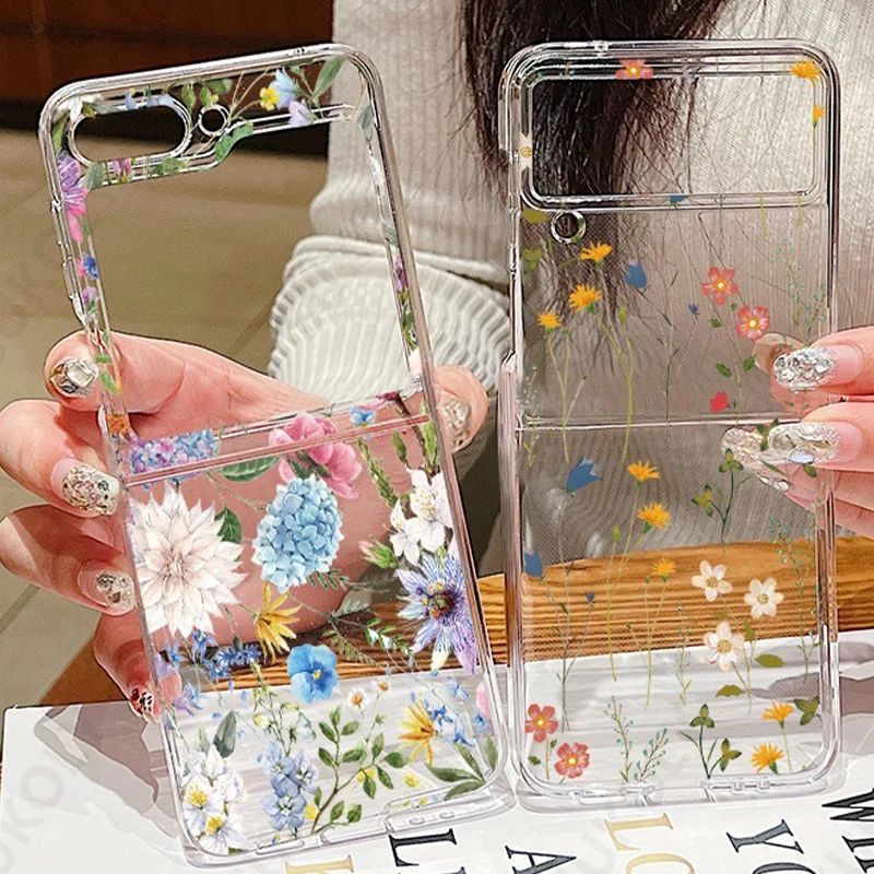 For Samsung Galaxy Z Flip5 Flip6 Flip4 Case Flower Pattern Shockproof Folding Transparent Cover For Samsung Galaxy Z Flip 5 4 3