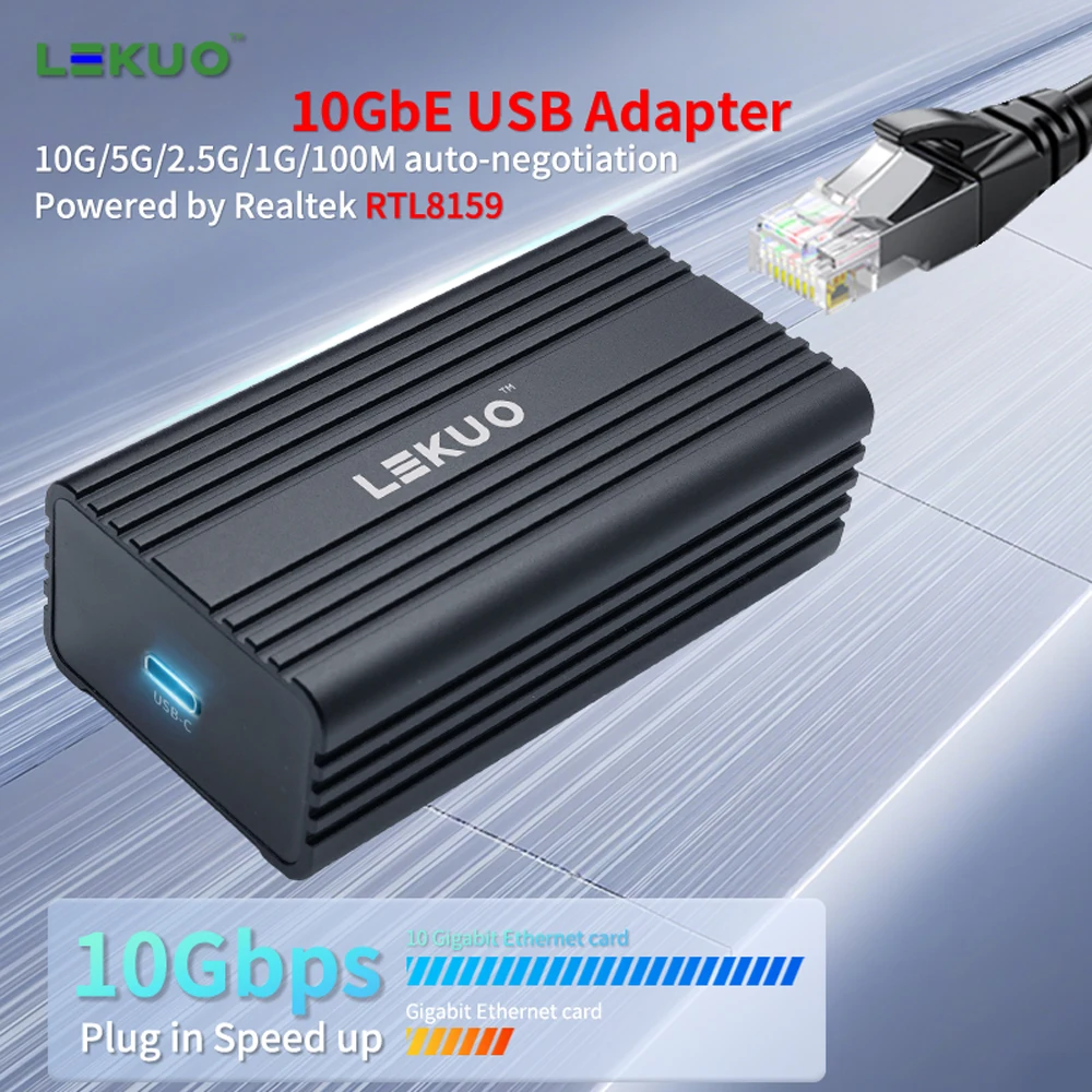 Lekuo USB 10G Ethernet Dongle USB 3.2 Gen2x2 to 10GbE RJ45 Network Adapter for MacBook PC NAS Realtek RTL8159
