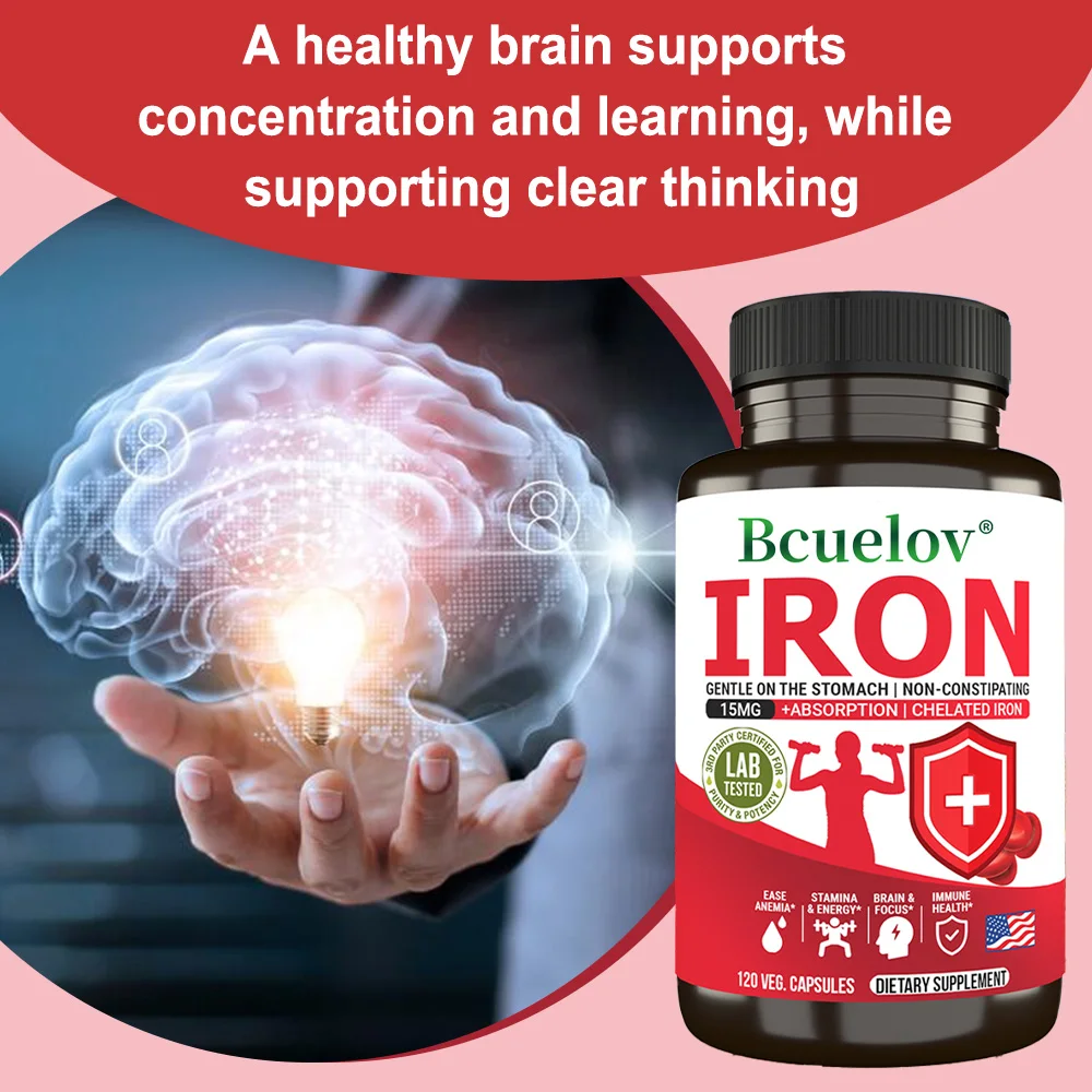 

Bcuelov Iron Supplement 15 Mg - for Improve Absorption, Blood Builder & Energy Support Less Constipation, 30/60/120 Capsules