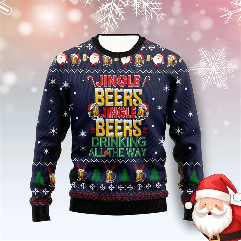 Beer Lover Ugly Christmas Sweater for Men 3D Printing Beer Sweatshirt Merry Christmas Pullovers 25-26 New Year Round Neck Hoodie