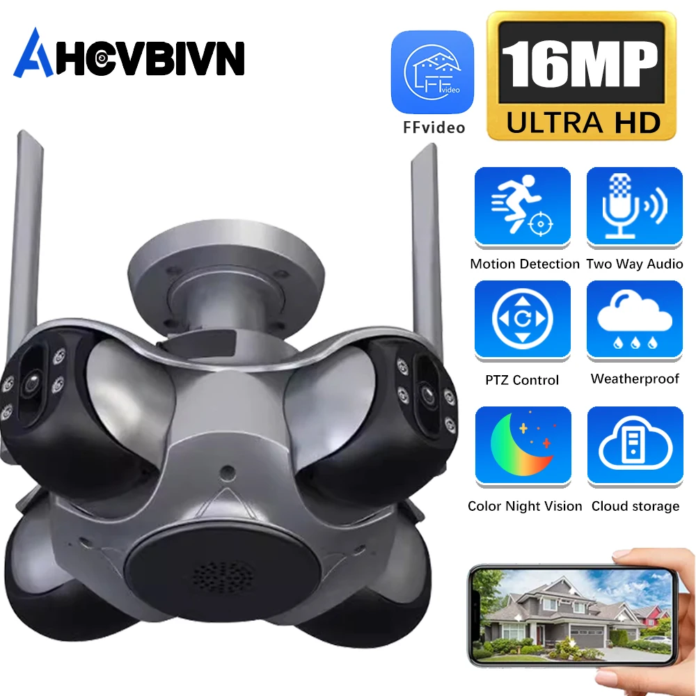 

16MP Home Security Outdoor WiFi Camera 4 Lens 4 Screen PTZ CCTV Wireless Surveillance Security Protection Cam