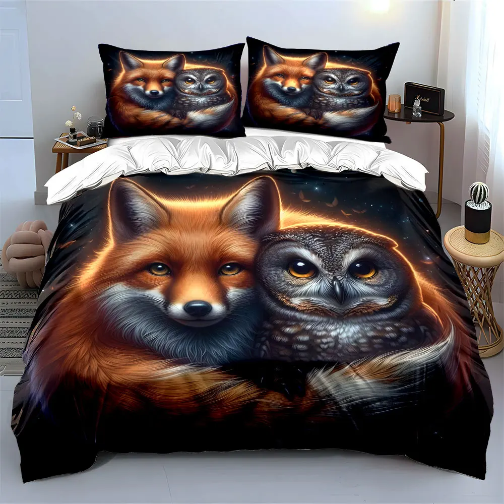 Fox and owl in a warm embrace Print Bedding set 3PC 1 duvet cover 2 pillowcases adult and children bedding set Luxury