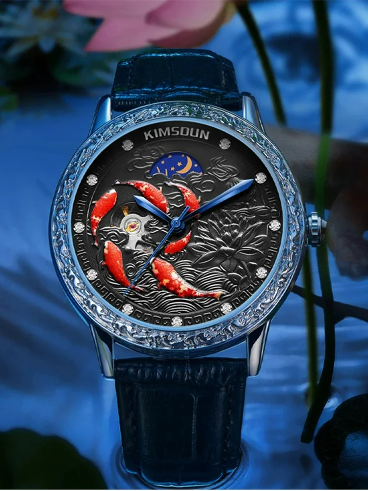 Embossed Skeleton Watch Day Display Koi Fish Pattern Rhinestone Inlaid Men's Wristwatch Automatic Mechanical Watch for Men