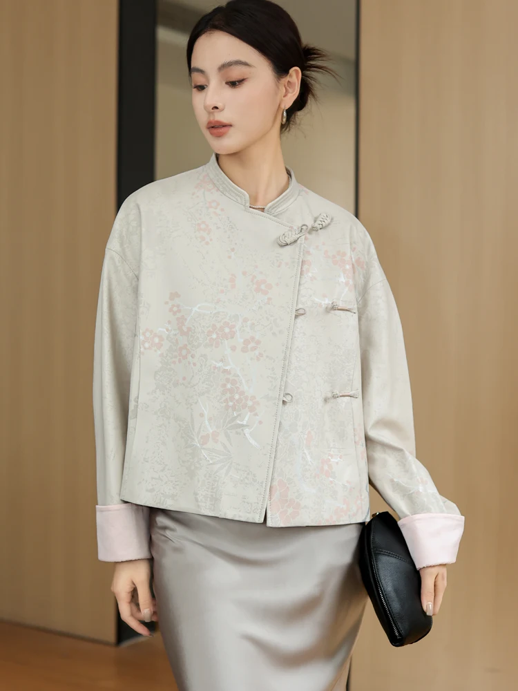 

Vintage Printed Genuine Leather Jackets for Women Spring Autumn 2026 New High-end Simple Stand Collar Short Real Sheepskin Coat