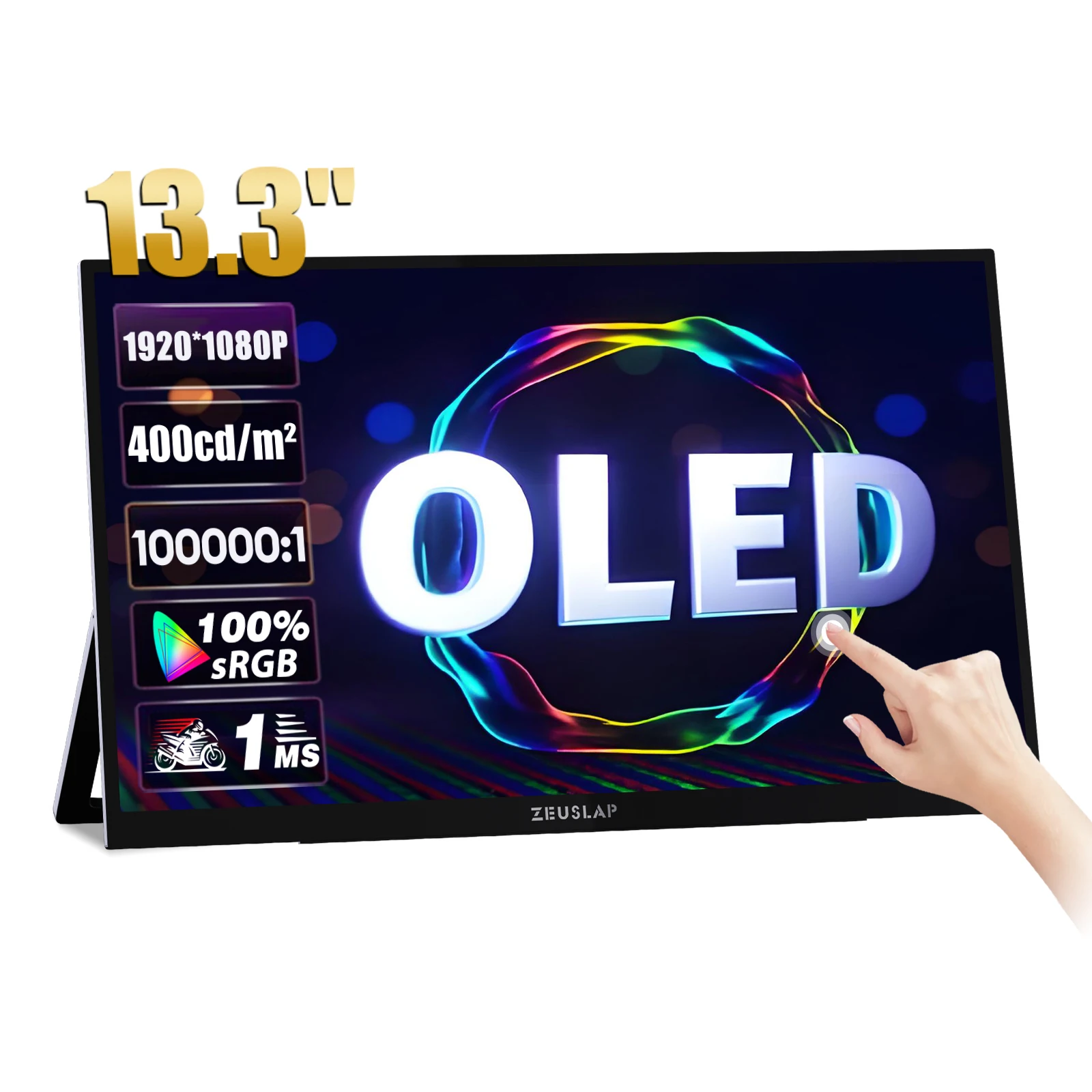 شاشة ZEUSLAP مقاس 13.3 بوصة OLED مضادة للوهج تعمل باللمس لهاتف DeX، Switch، PS5، شاشة ثانية للكمبيوتر المحمول مع مسند