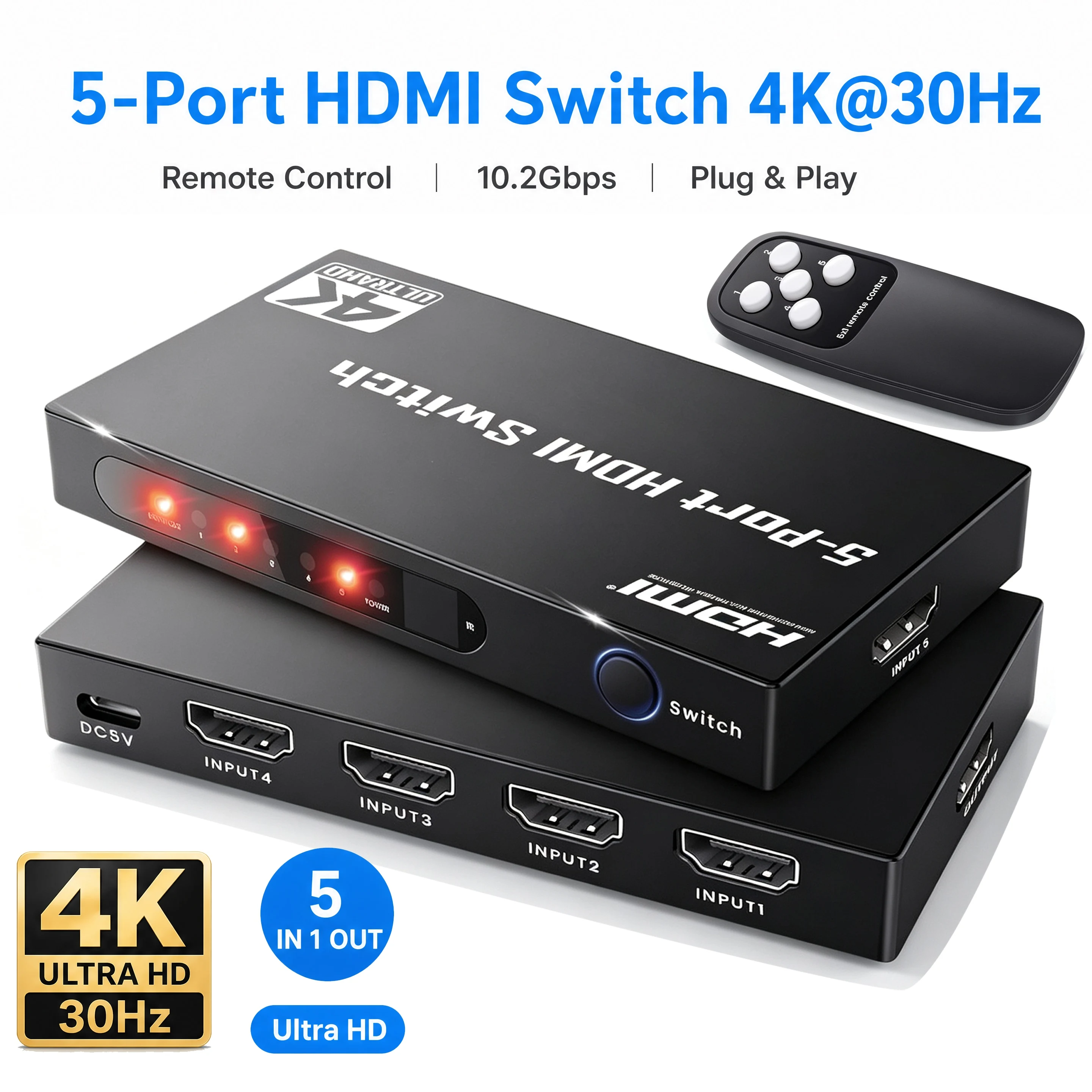 HDMI Switcher 5-port 4K UHD HDMI Selector with Wireless Remote Control 10.2Gbps High Speed Transmission with PS5 Xbox Blu-ray