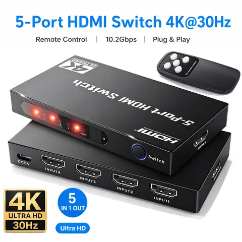 HDMI Switcher 5-port 4K UHD HDMI Selector with Wireless Remote Control 10.2Gbps High Speed Transmission with PS5 Xbox Blu-ray