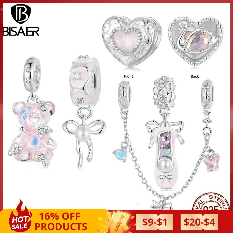 BISAER 925 Sterling Silver Princess Bear Ballet Girl Charm Bead Pink Shoe Bow Safety Chain Fit Women DIY Bracelet Fine Jewelry