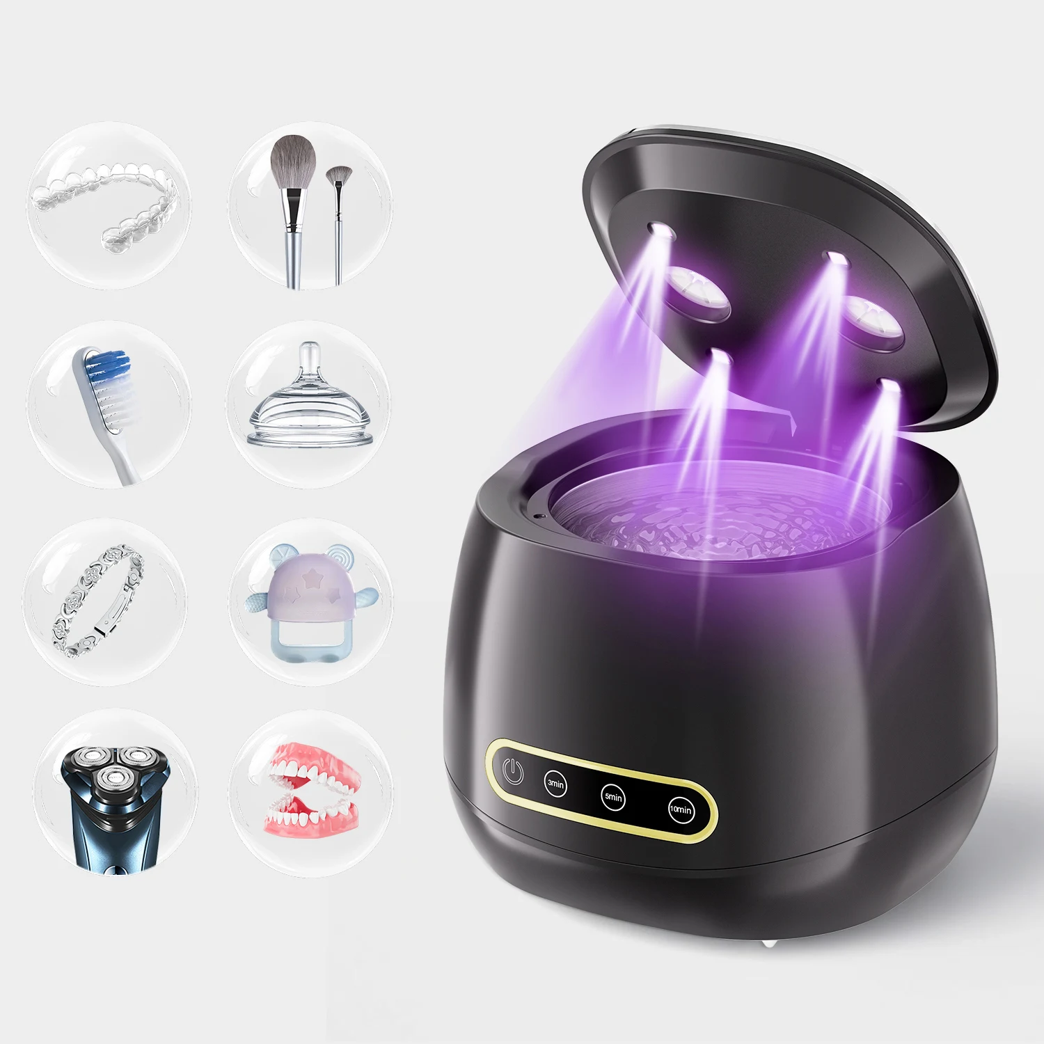 

Automatic Ultrasonic Denture Cleaner with USB 3 Timing Function 48KHZ for Dental Appliances And Makeup Brush Cleaning