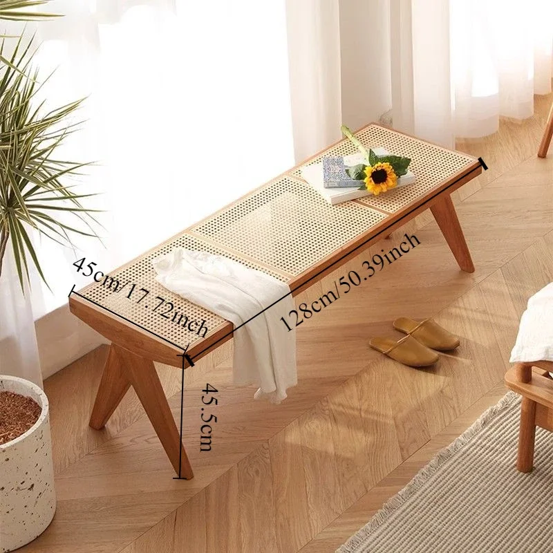 Nordic Solid Wood Bed Tail Stools Rattan Woven Bench Medieval Long Bench Japanese Retro Home Homestay Shoe Changing Ottomans