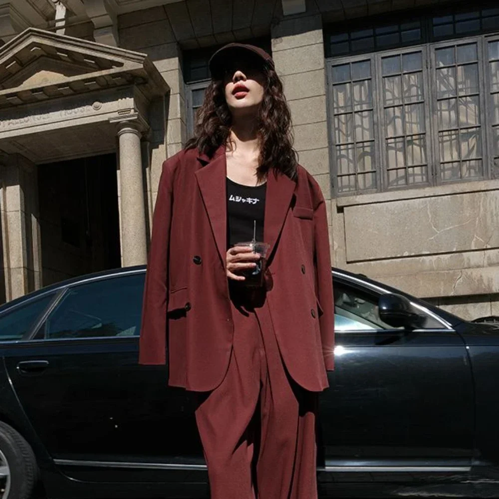 Long Loose Jacket Wine Red Coats for Women Black Outerwears Clothes Dress Blazer Woman Over American Classic Women\'s Suit Spring