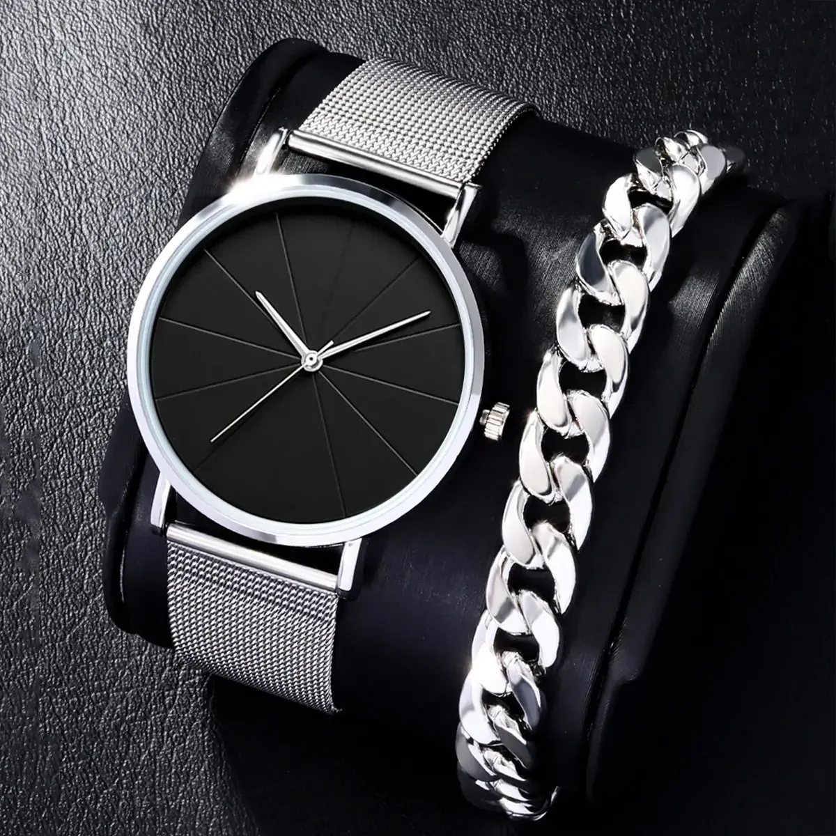 Mens Fashion Business Quartz Wristwatch Fashion 2Pcs Men Watch Stainless Steel Mesh Belt Men Luxury Silver Bracelet Watches