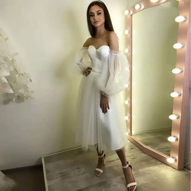 Guxqd Thee Lengte Vrouwen Trouwjurken Poff Mouwen Tule Satijnen Prom Feestjurken Formele Vestido De Noche Robe De Mariée