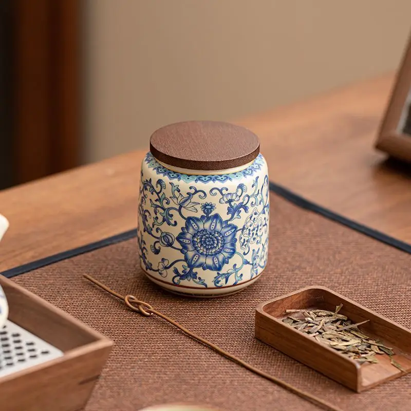 الإبداعية الضوء الأزرق زهرة الكرمة شاي سيراميك جرة مع غطاء خشبي مقاوم للرطوبة مختومة جرة تخزين زجاجة الحلوى الغذاء الحاويات