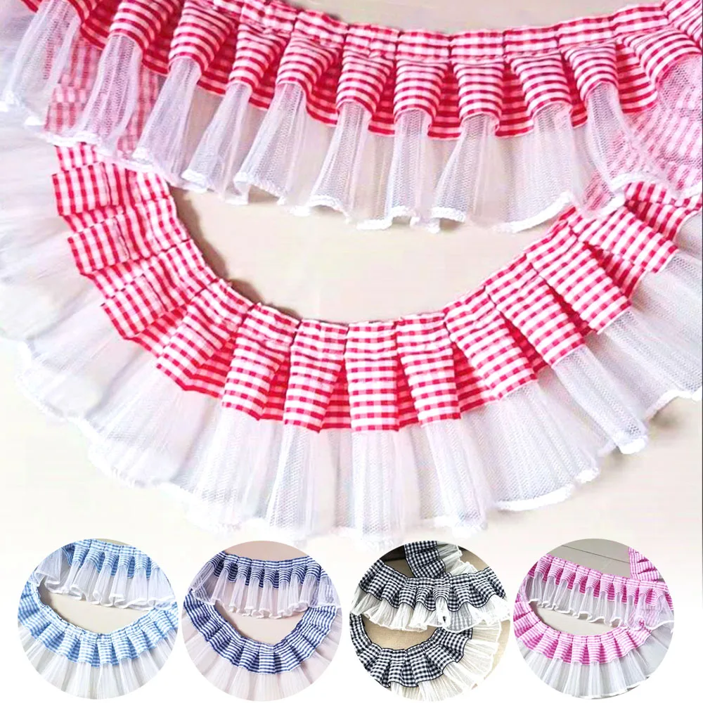 3 Yards 7CM Pleated Plaid Lace White Black Red Blue Satin Ribbon Embroidery Trims Hair Wear Clothing Hats Collar Sewing Supplies