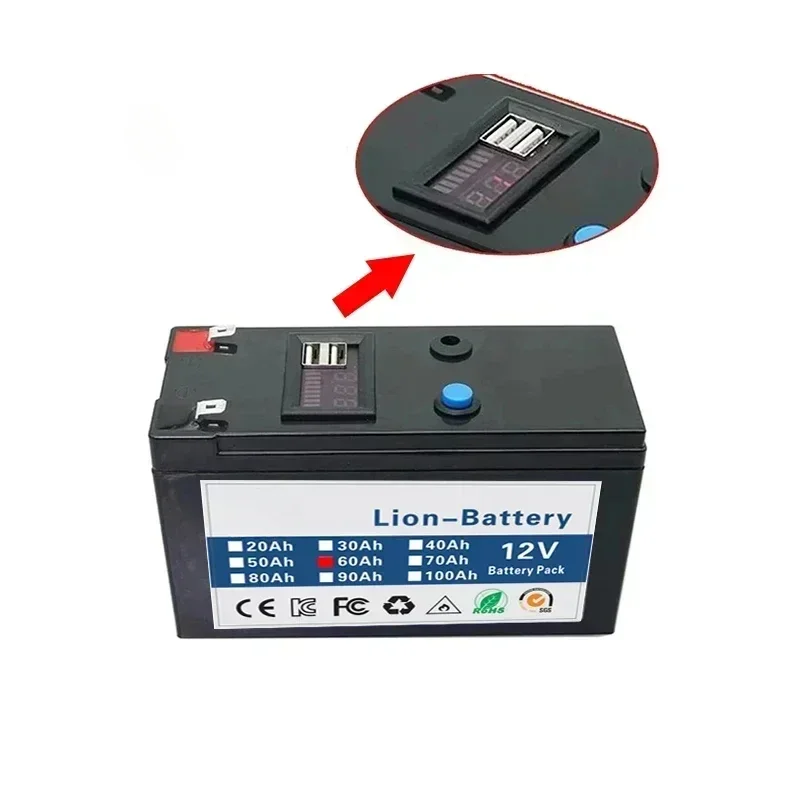 12V 60Ah Portable Rechargeable Battery LiFePO4 Lithium Battery Built-in 5V 2.1A Usb Power Display Port Charging