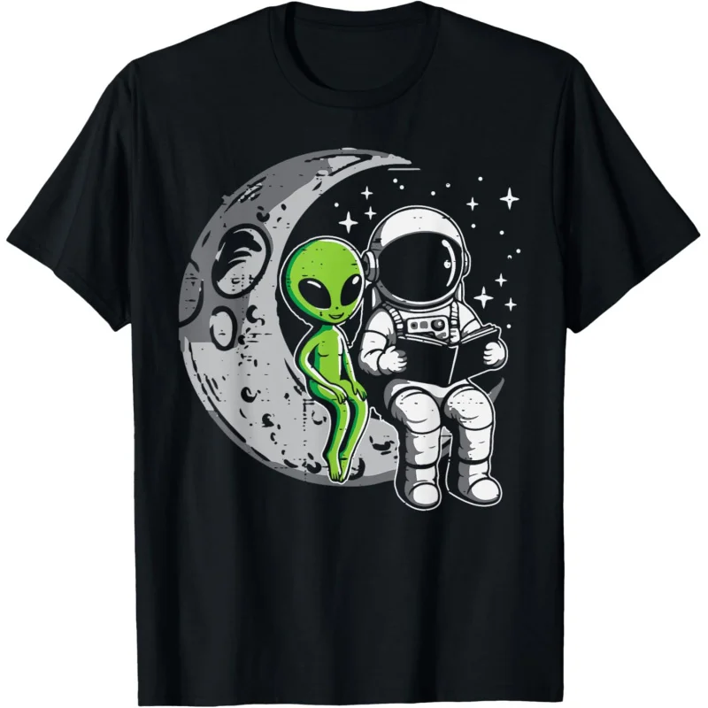 

Astronaut Reading Book To Alien Moon Space Women Kids Men T-Shirt