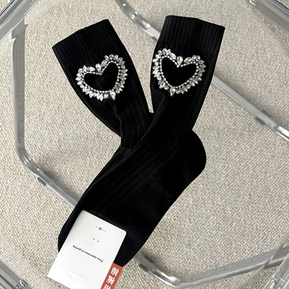 

Breathable JK Rhinestone Heart Socks Crystal Cotton Y2K Tube Socks Hosiery Harajuku Mid-calf Socks Women Spring Summer