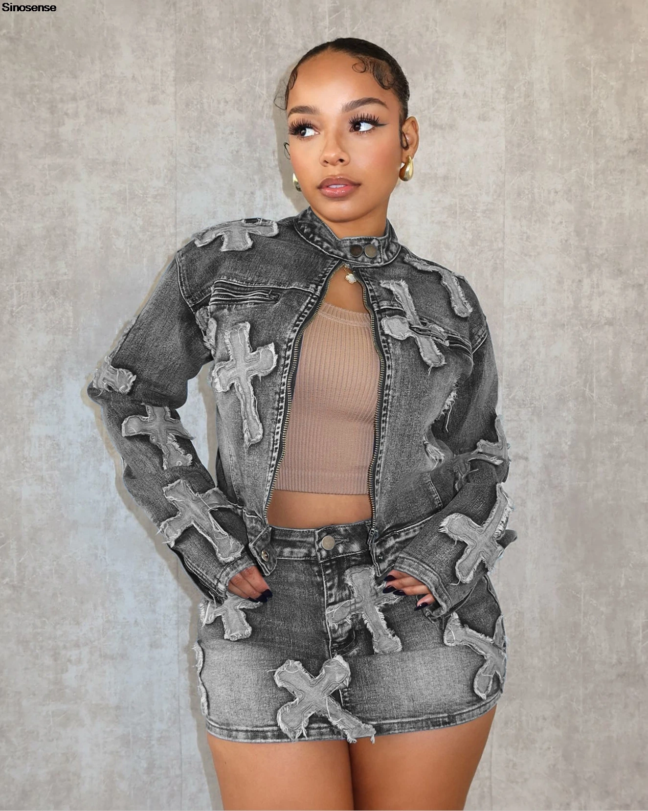 Women Embroidery 2 Piece Denim Skirt Set Long Sleeve Zipper Jean Jacket And Bodycon Mini Skirts Y2K Night Out Club Party Outfits