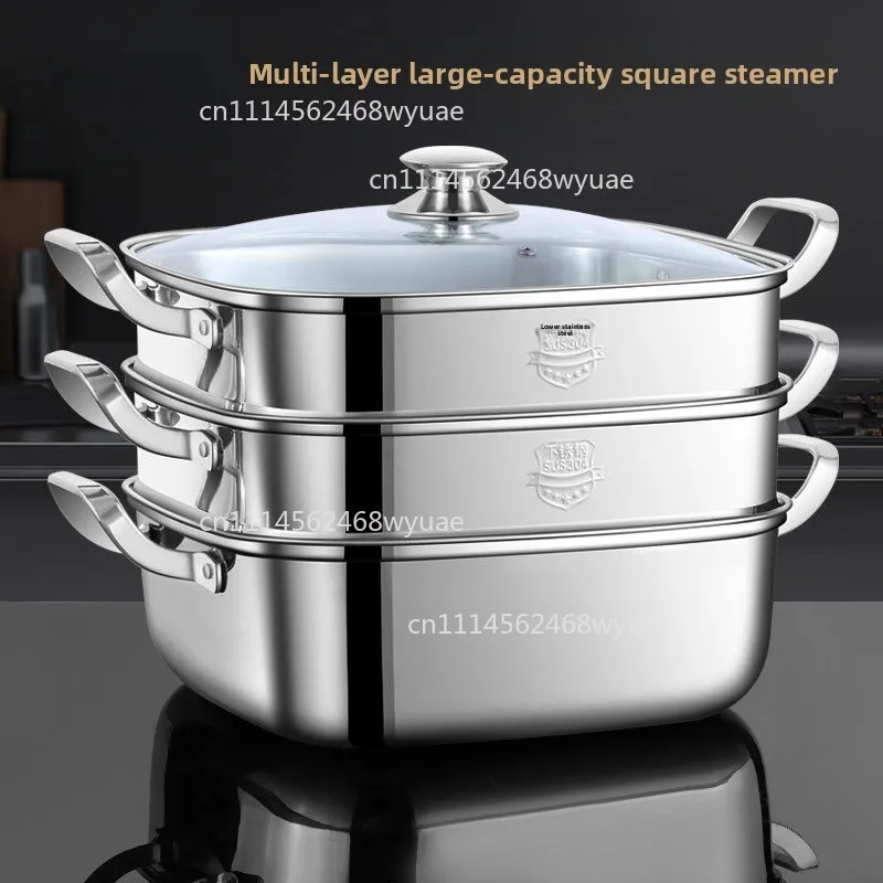 30cm Large-capacity Multi-purpose 304 316 Stainless Steel Stackable 1/2/3 Tier Square Food Steamer Pot