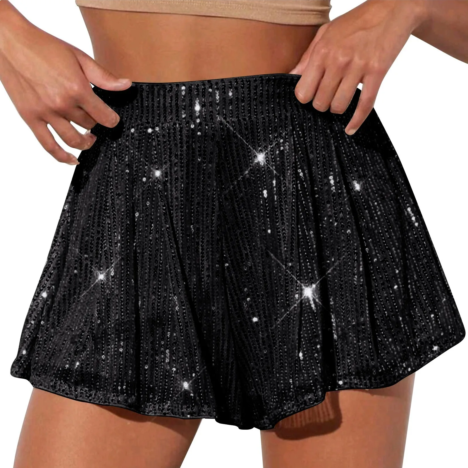 المرأة بلون عادية عالية الخصر سباركلي السراويل موضة عادية لامعة الترتر سراويل قصيرة كلوبوير بريق السراويل السراويل الساخنة #4