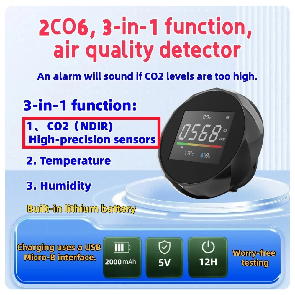 2C06, CO2 (NDIR) Infrared High-Precision Sensor Air Quality Detector, Temperature and Humidity Detector
