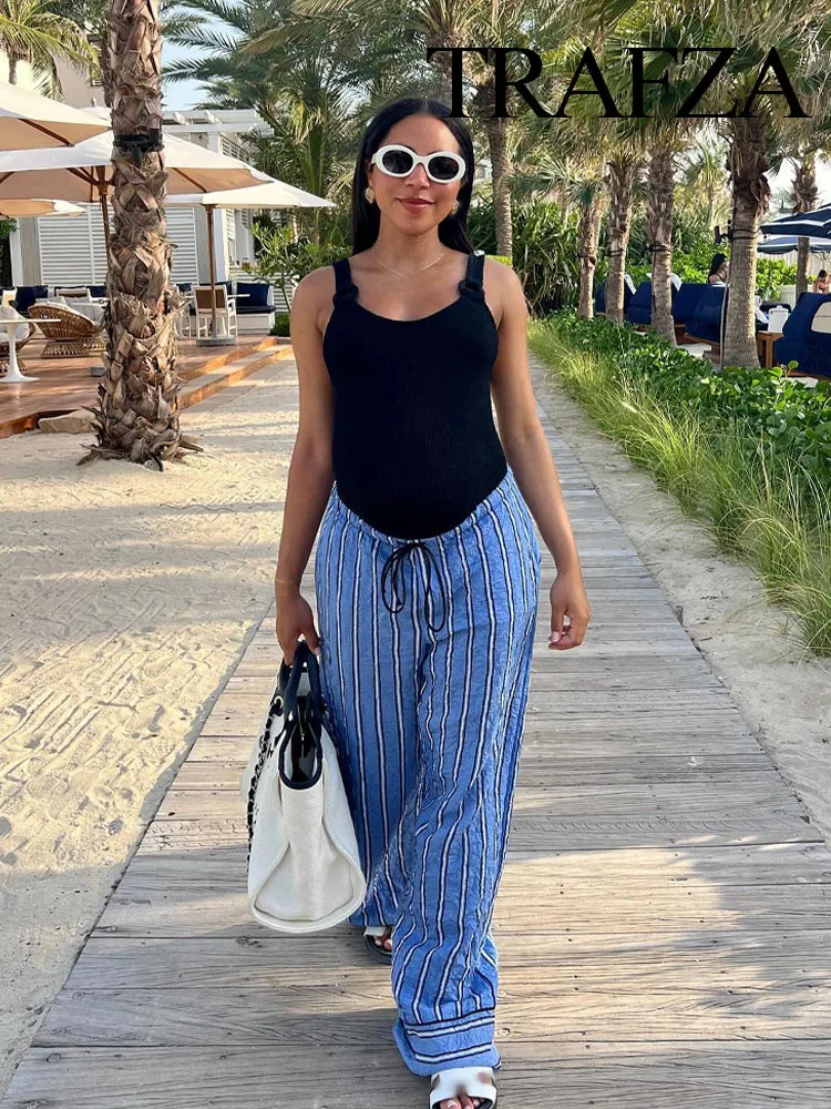 

TRAFZA Woman New Street Lace Up Striped Wide Leg Pants Female Fashion Elastic Waist Crinkle Decoration Loose Trousers Mujer