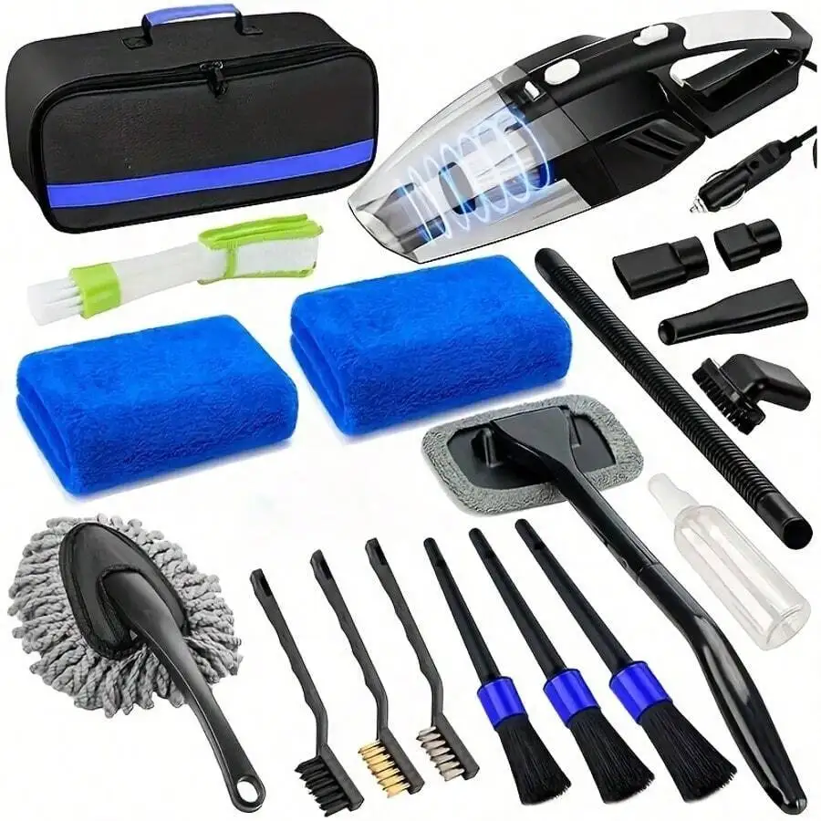 19-Piece Car Cleaning Kit With Windshield Tool Duster Towels Handheld Vacuum Brush Set