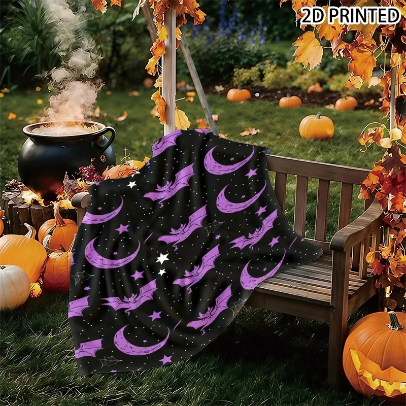 Playful Halloween-Themed Throw Blanket, Black Background with Whimsical Purple Bats, Crescent Moons, White And Purple Stars, Sub