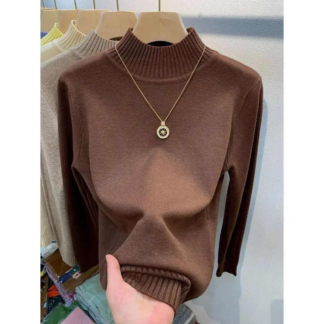 Doce cor meia gola alta camisola pulôver feminino outono inverno fino macio malhas jumper coreano casual quente malha manga longa topo