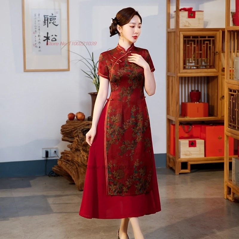 2025 chinese improved qipao flower print a-line dress vintage cheongsam vietnam traditional ao dai dress party banquet dress