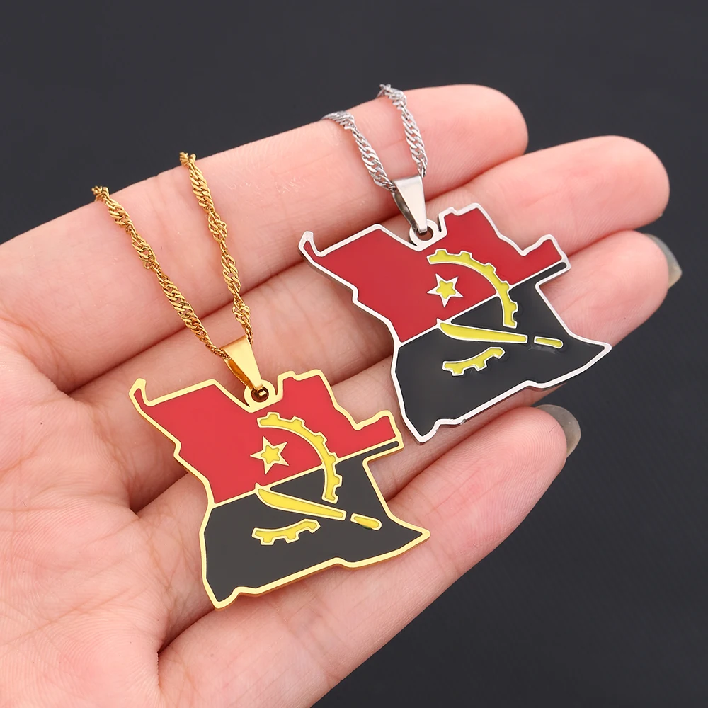 SONYA Enamel Drop Oil Angola Map Flag Pendant Necklace For Women Girls Stainless Steel Angolan Jewelry Ethnic Party Gifts