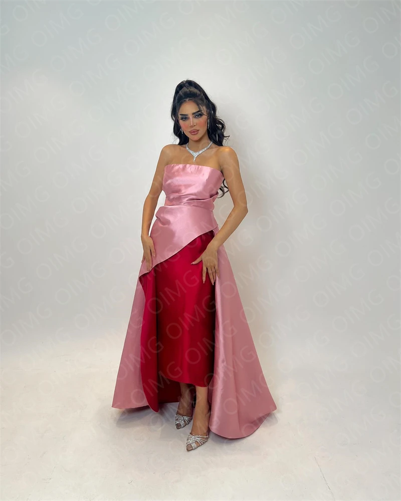 OIMG Pink/Red Satin A Line Formal Party Dresses Sleeveless Strapless Long Arabic Evening Gowns Night Club Dress Robe de soiree