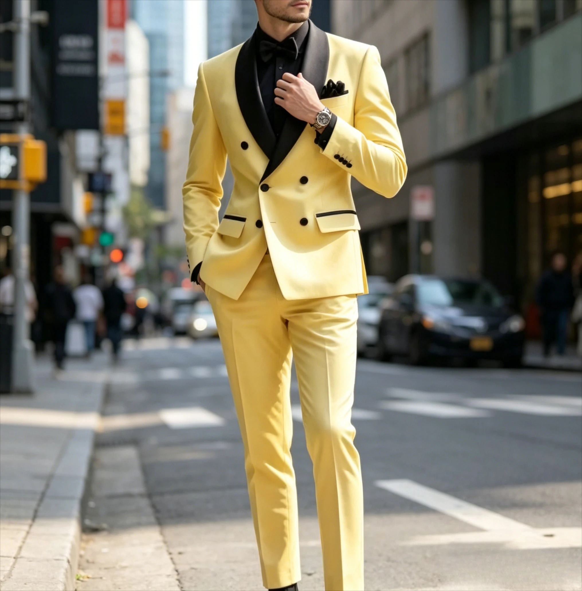 

Yellow And Black Formal Occasion Men Suit Groomsman Groom Wedding Party Business Prom Male Tuxedos 2 Piece Set Blazer Pants
