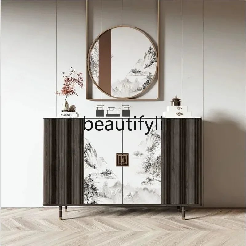2003Retro style dining side cabinet, living room against the wall storage side cabinet, rock slab entrance solid wood shoe cabin